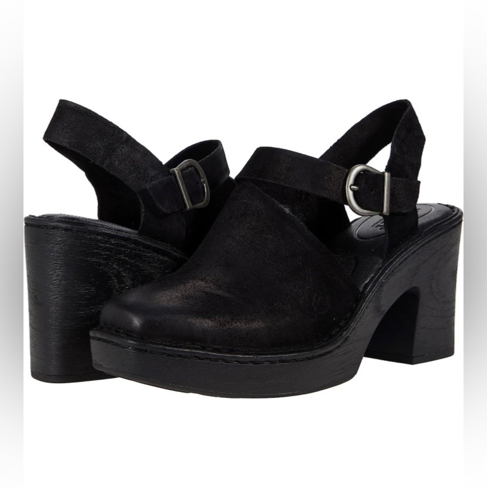 BORN Womens Devlyn Leather and Suede Slingback Clogs